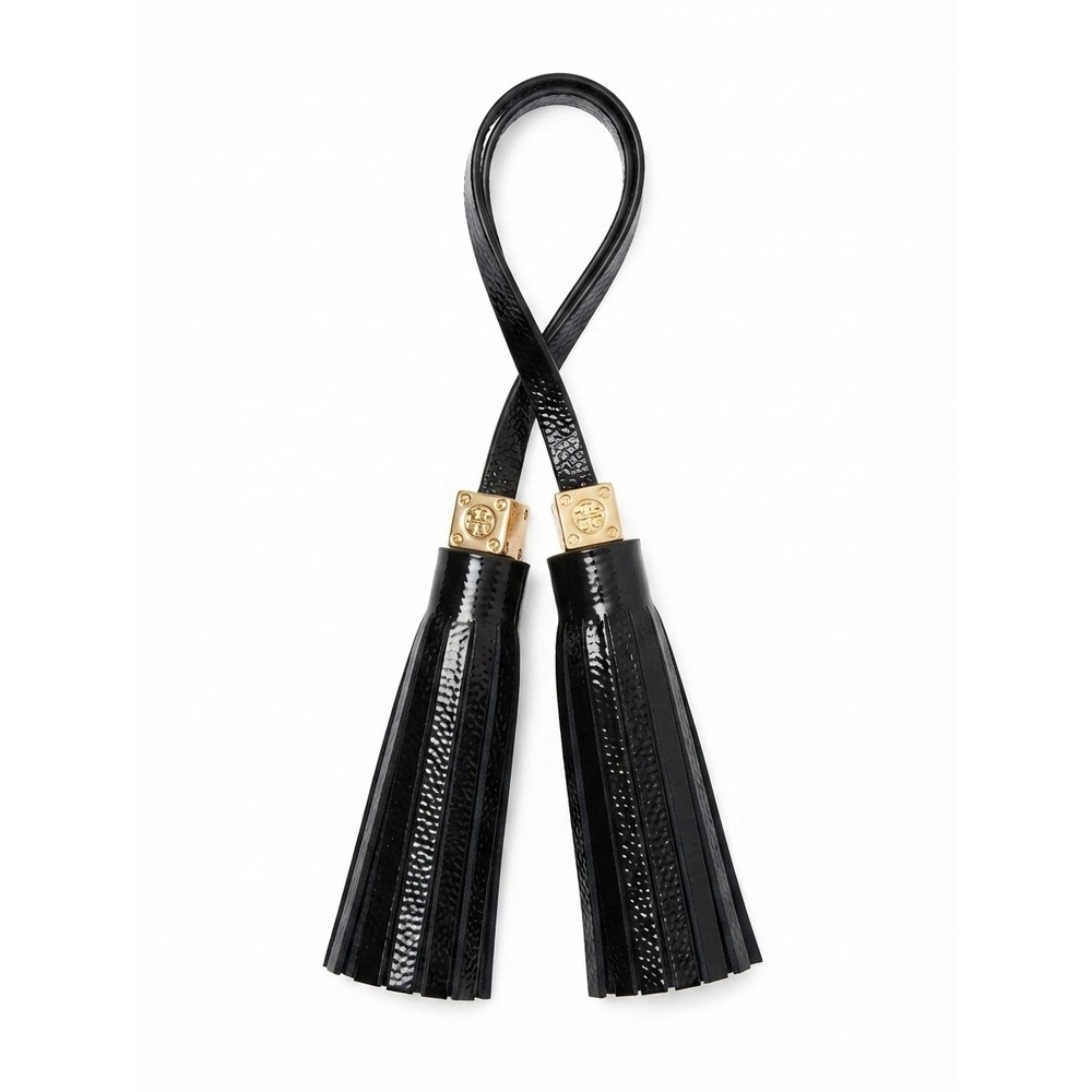 Tory Burch Black Patent Leather Double Tassel Bag Charm Gold Logo Hardware